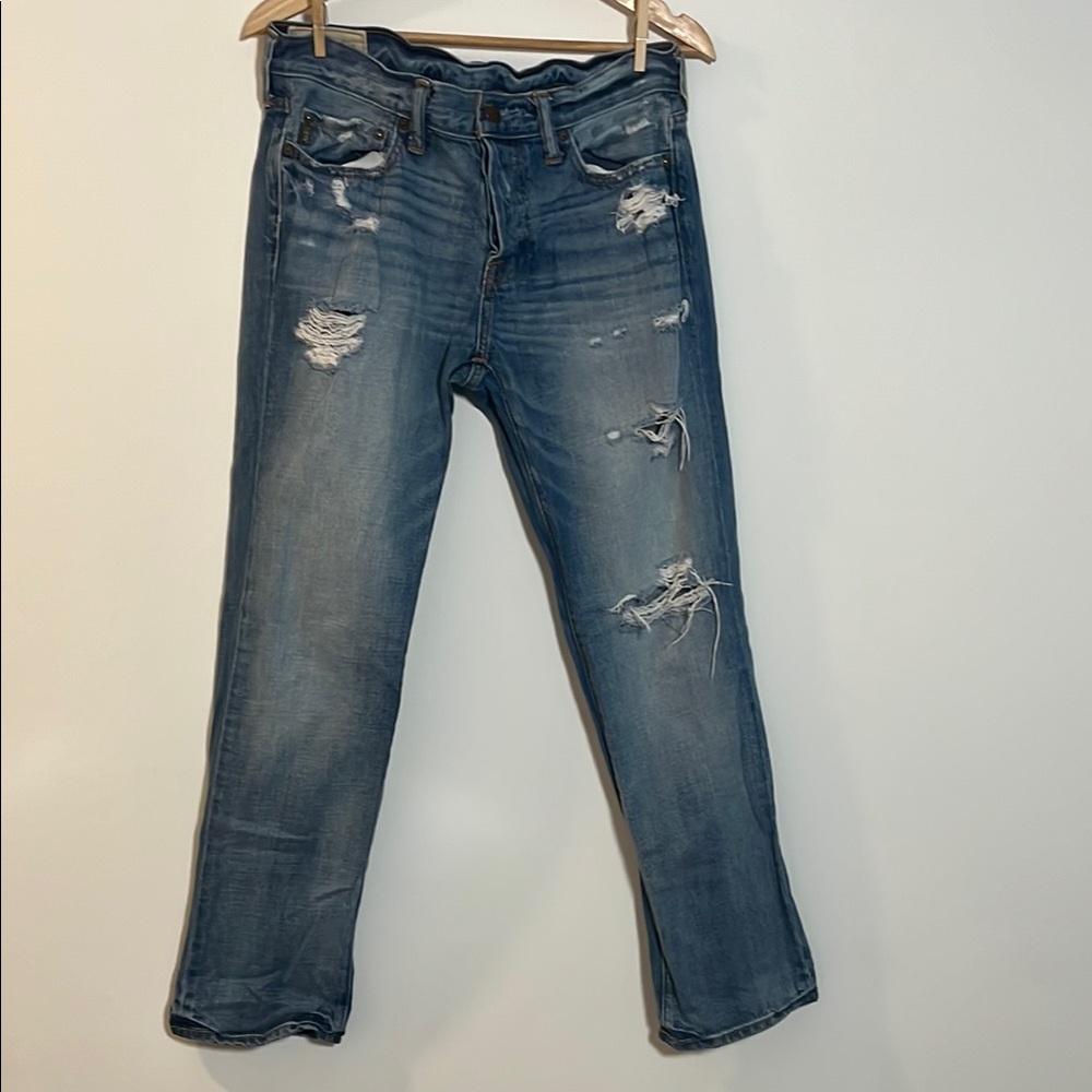 Abercrombie & Fitch Classic Straight Fit Distressed Blue Jeans